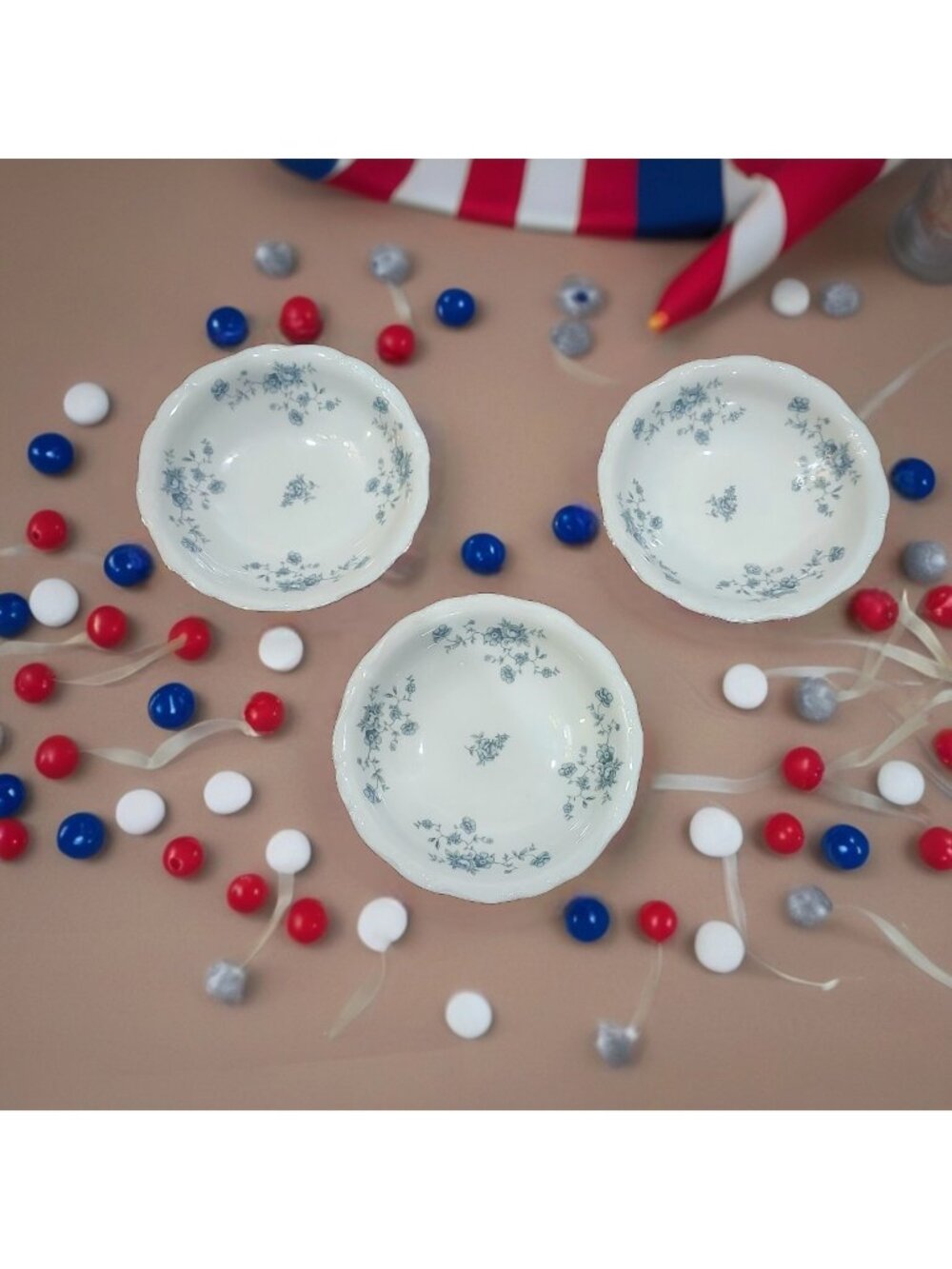 Johann Haviland Bavaria Germany Blue Garland Berry Bowl Silver Edge Vintage Lot3